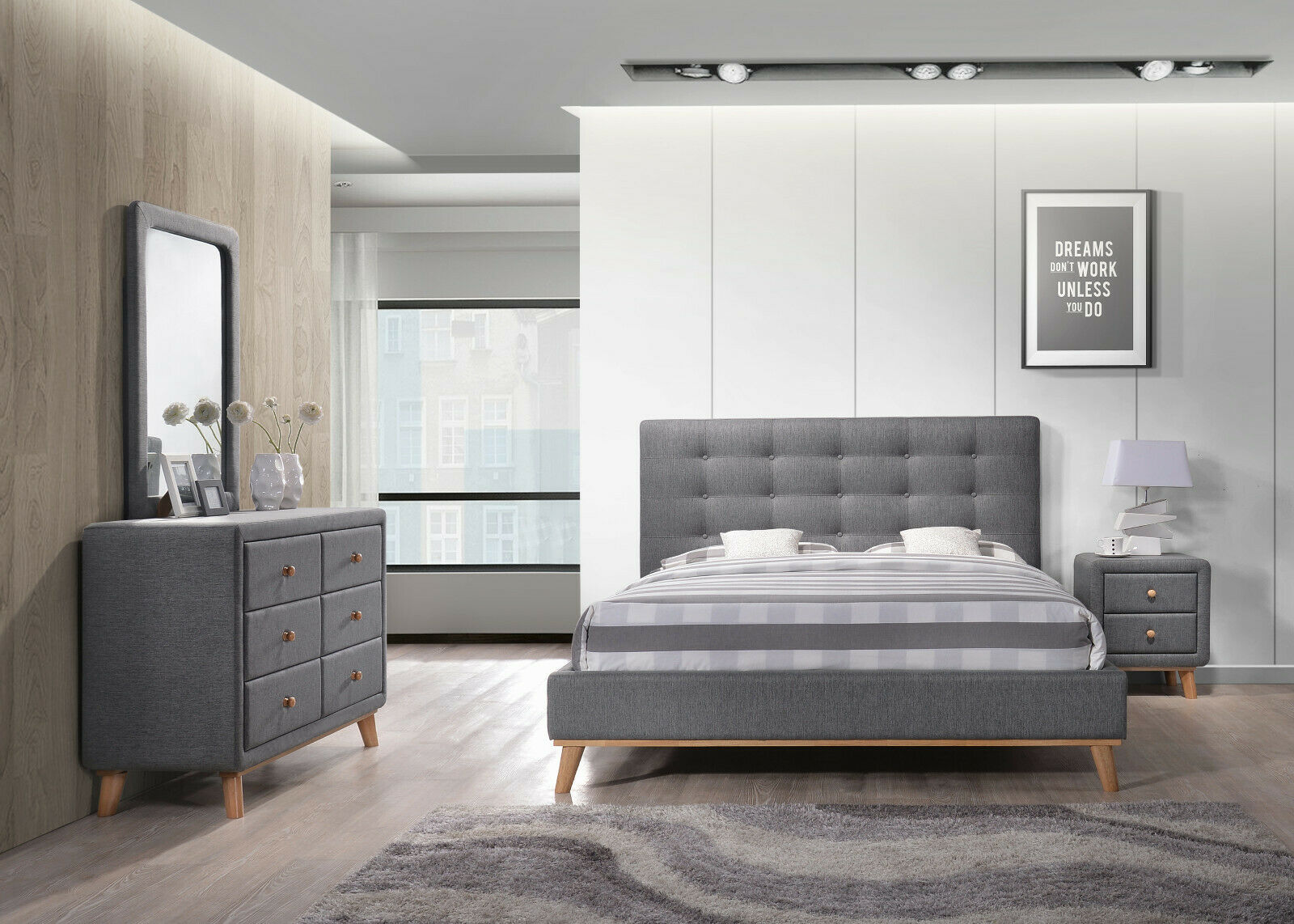 Schlafzimmer-Set, Bett, Nachttisch, Spiegel und Kommode, in grau mit