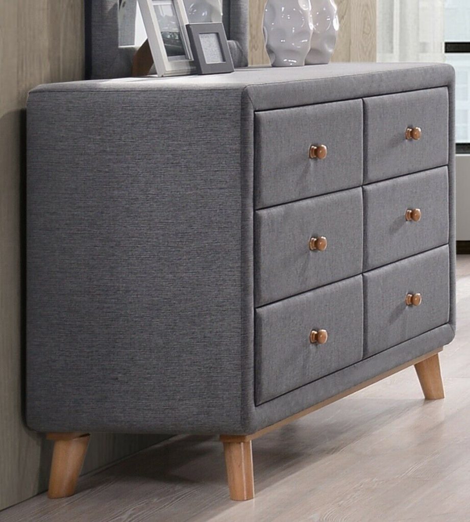 Schlafzimmer-Set, Bett, Nachttisch, Spiegel und Kommode, in grau mit