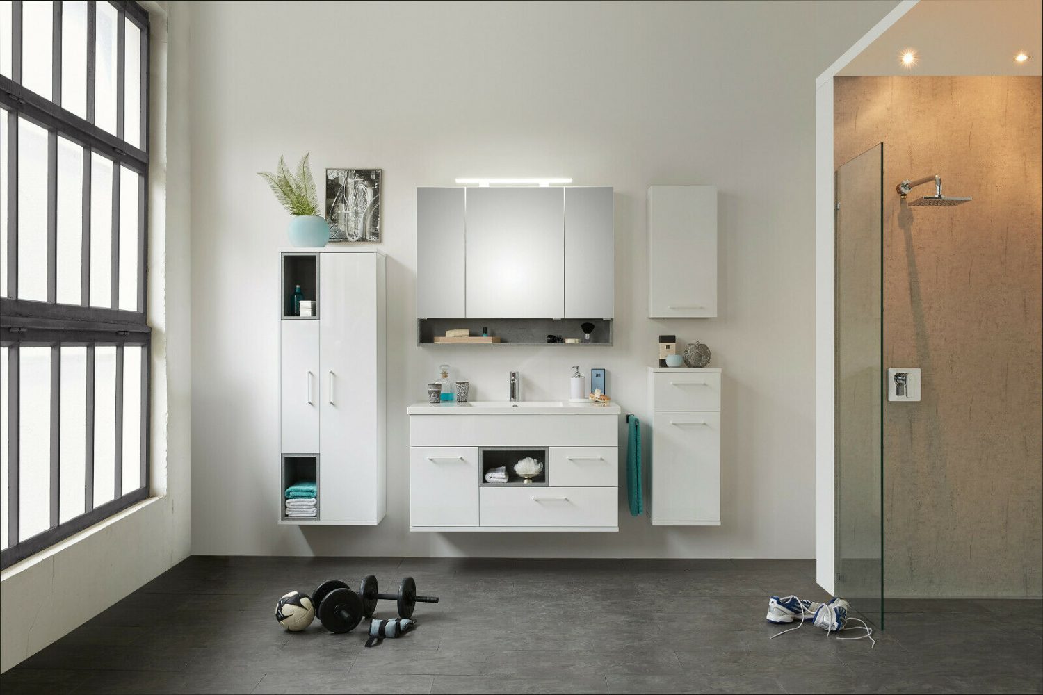 Badezimmermöbel Badmöbel Set 5 Teilige Weiß Hochglanz LED Beleuchtung