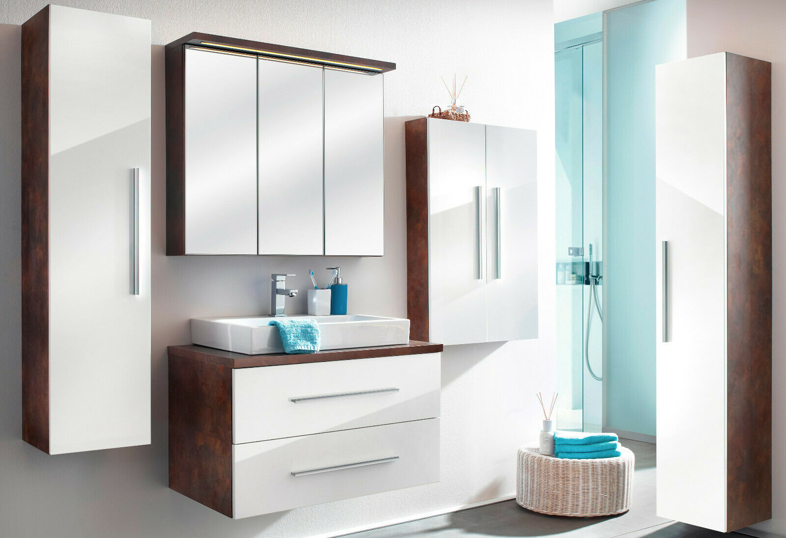 Badmöbel Badezimmerschrank Farbe:Metallic-braun Front weiß Hochglanz